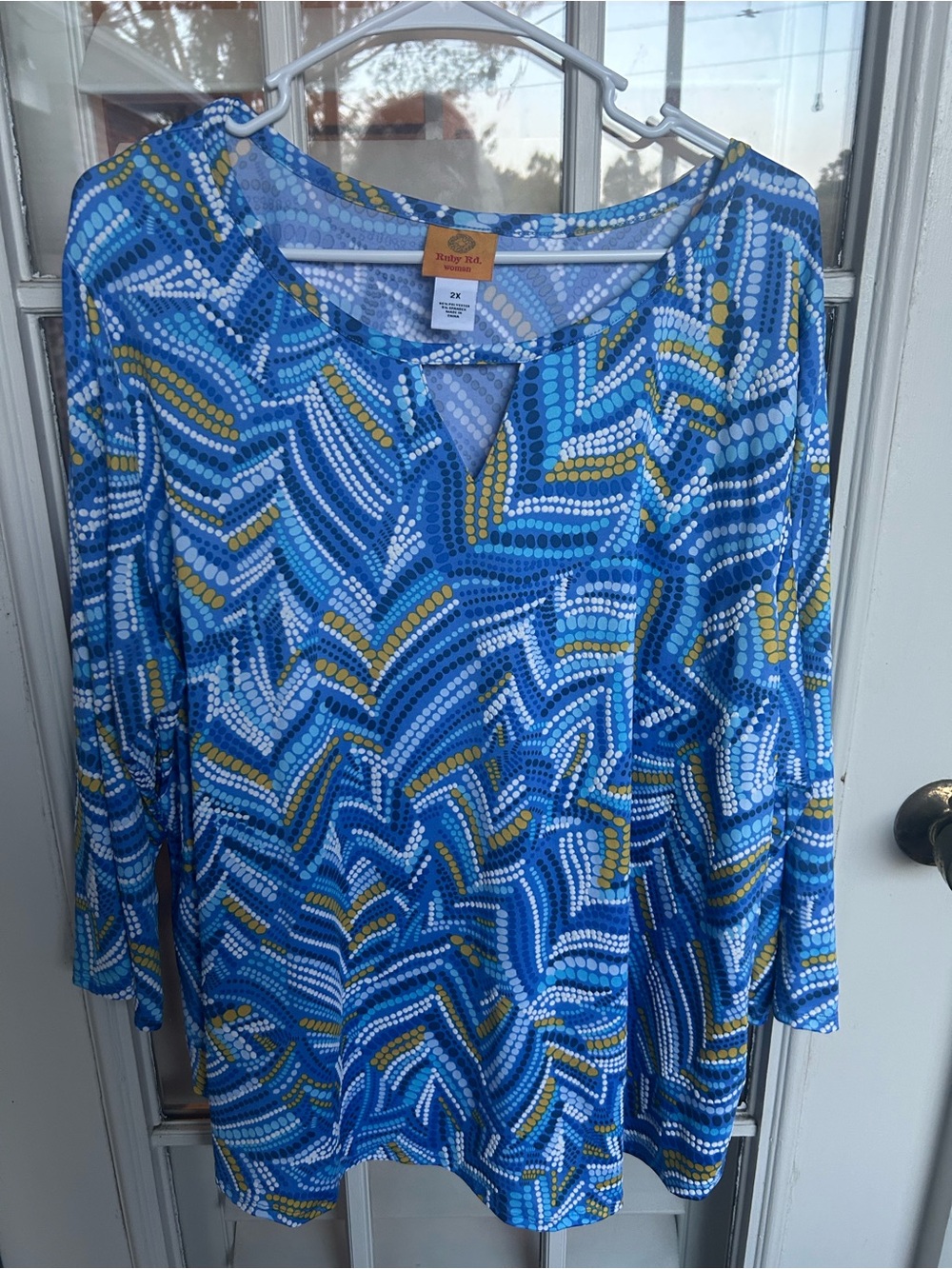 Ruby Rd. Blue Patterned Long Sleeve Scoop Neck Top with Yellow Accents
